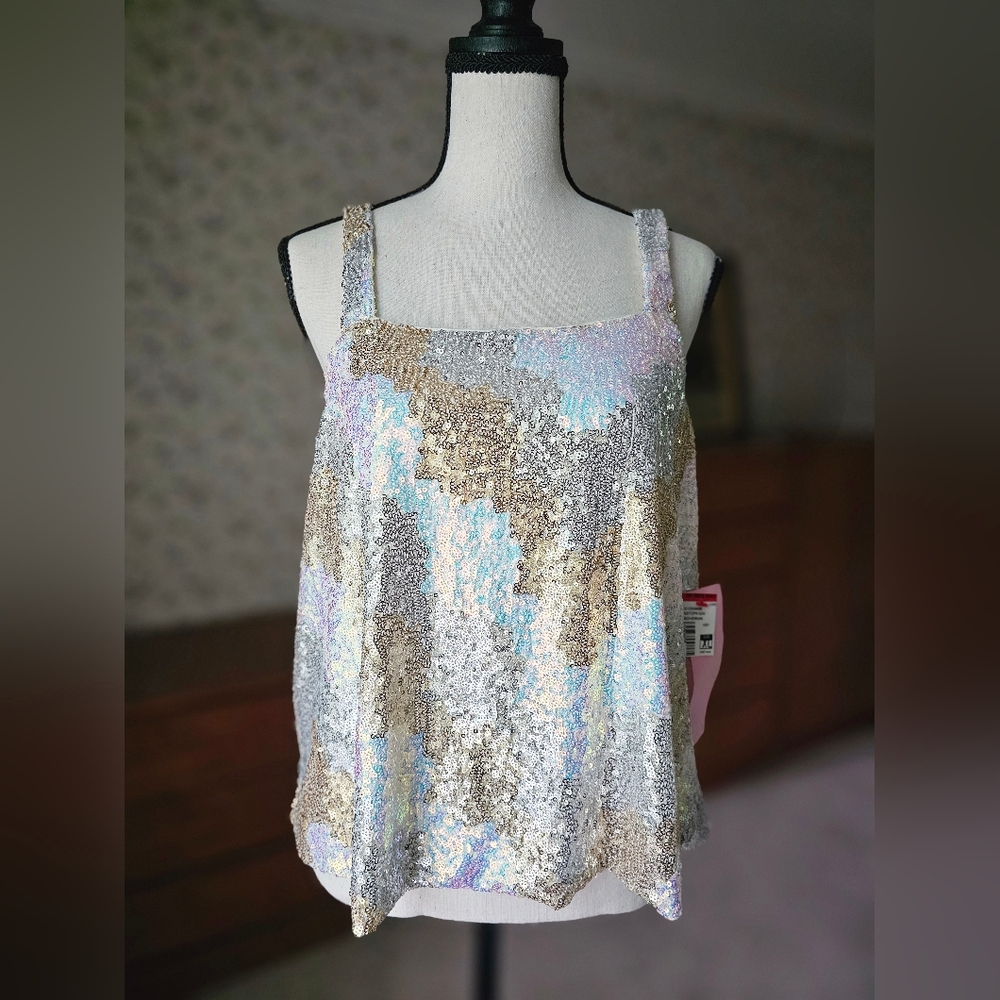 Anthropology Sequin Square-Neck Tank Top in Iridescent Gold & Silver